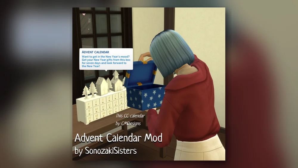 Advent Calendar Sims 4 mod Sim opening a gift from the calendar