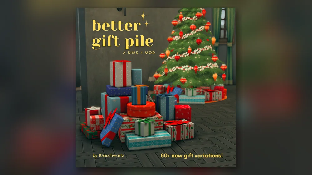 Better Gift Pile Sims 4 mod presents under a Christmas tree