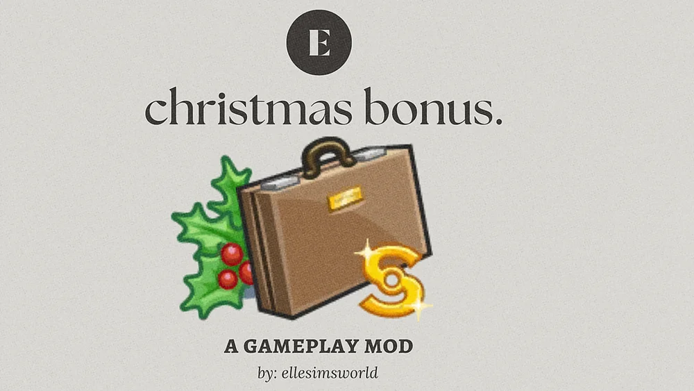 Christmas Bonus Sims 4 mod cover with a gift-wrapped briefcase