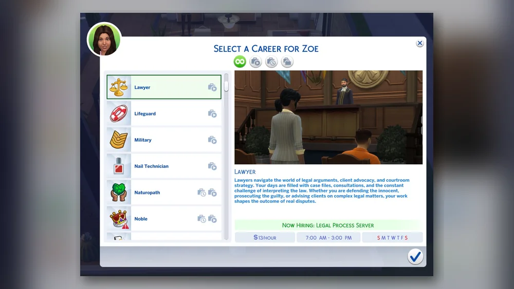 Lawyer Active Career Sims 4 career selection screen