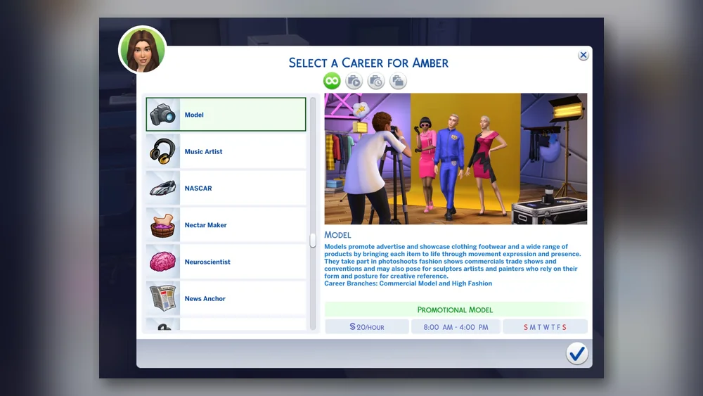Model Career Sims 4 mod career selection screen