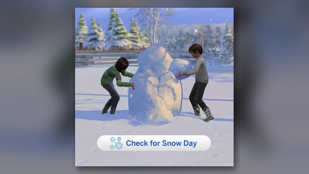 Snow Day Sims 4 mod kids building a snowman with the Check for Snow Day button