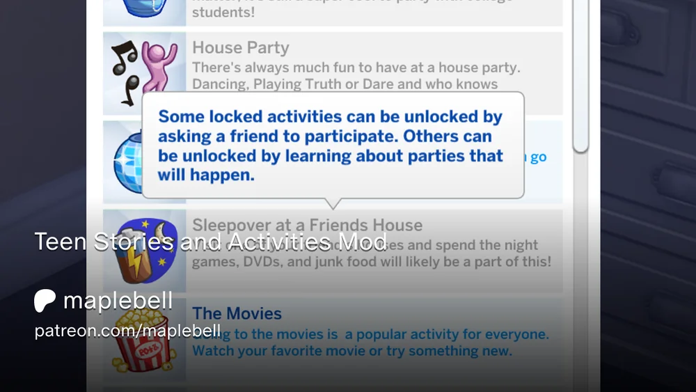 Teen Stories and Activities Sims 4 mod activity list