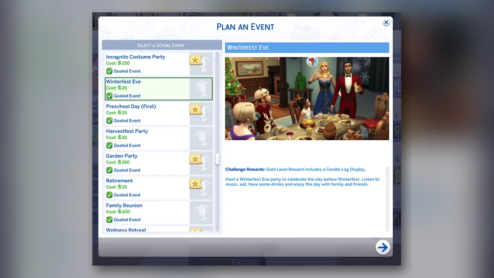 Winterfest Eve Sims 4 event goals in the Plan an Event menu